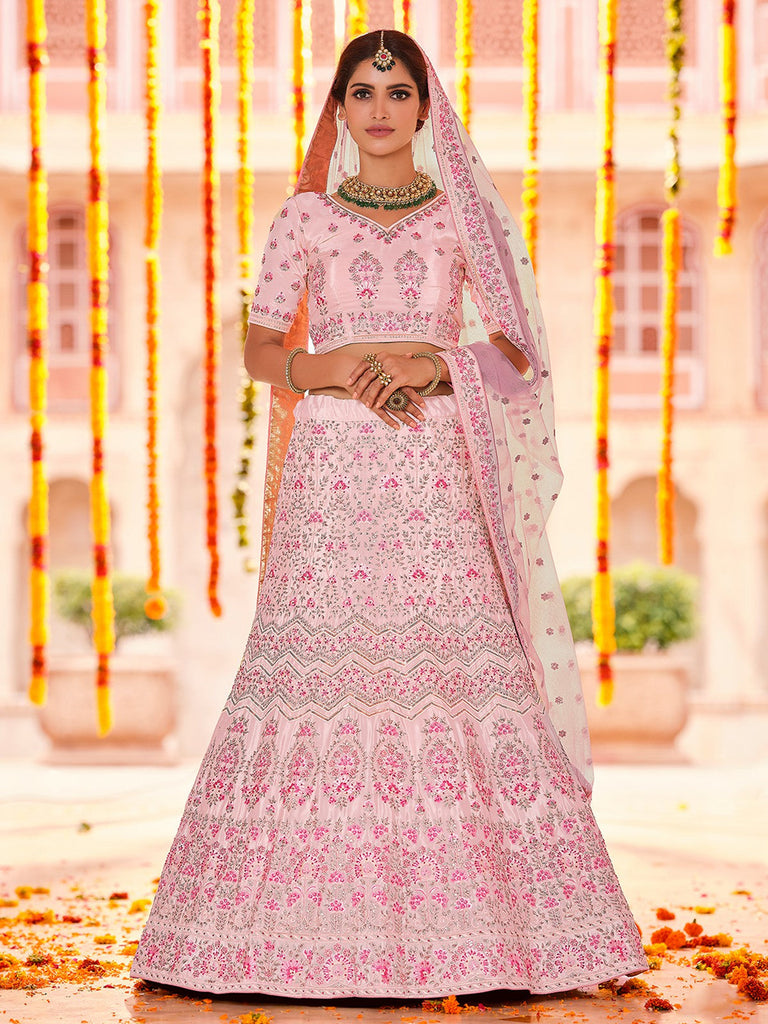 Pink Crepe Semi Stitched Lehenga With Unstitched Blouse Clothsvilla