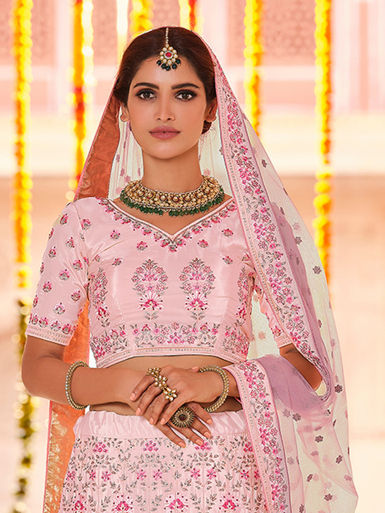 Pink Crepe Semi Stitched Lehenga With Unstitched Blouse Clothsvilla