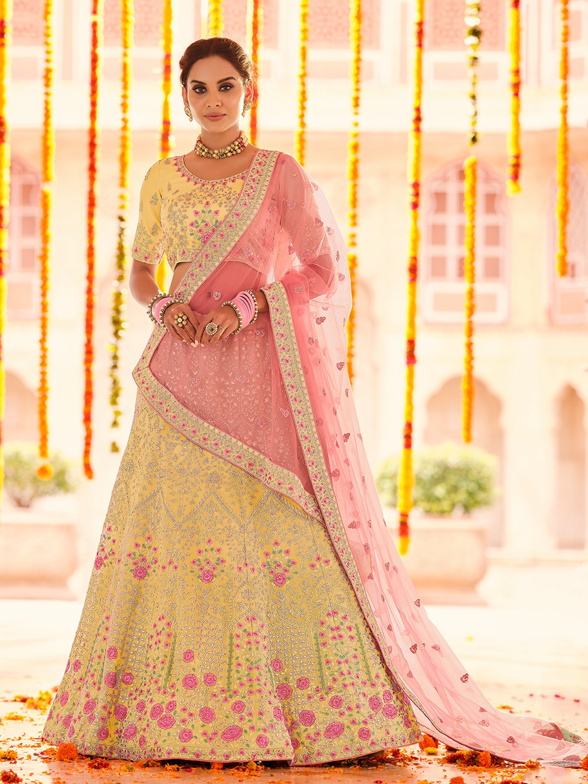 Yellow Embroidered Georgette Semi Stitched Lehenga With Unstitched Blouse Clothsvilla