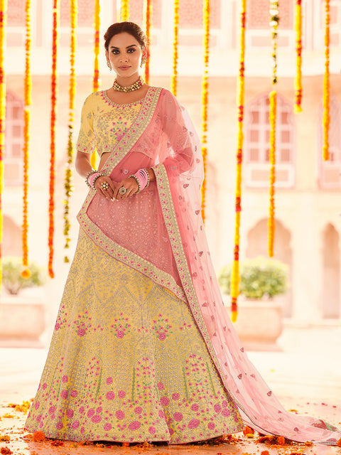 Yellow Embroidered Georgette Semi Stitched Lehenga With Unstitched Blouse Clothsvilla Main image