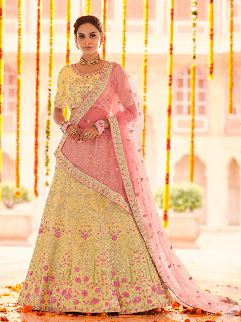 Yellow netted mirror & thread work lehenga with Raw Silk blouse – Iraivi -  Wedding and Party wear