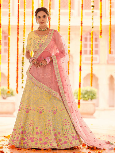 Yellow Embroidered Georgette Semi Stitched Lehenga With Unstitched Blouse Clothsvilla