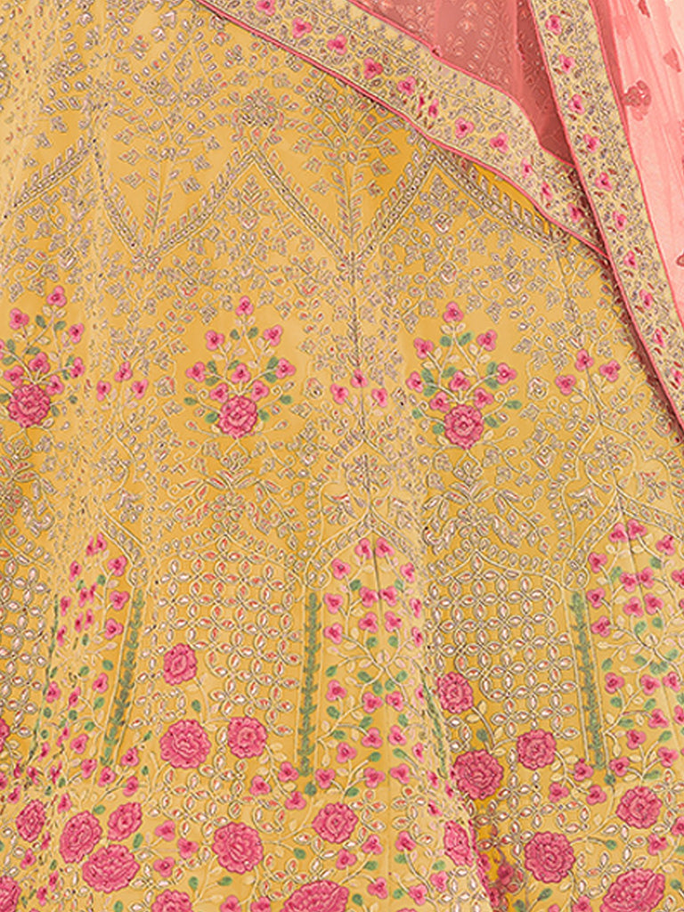 Yellow Embroidered Georgette Semi Stitched Lehenga With Unstitched Blouse Clothsvilla