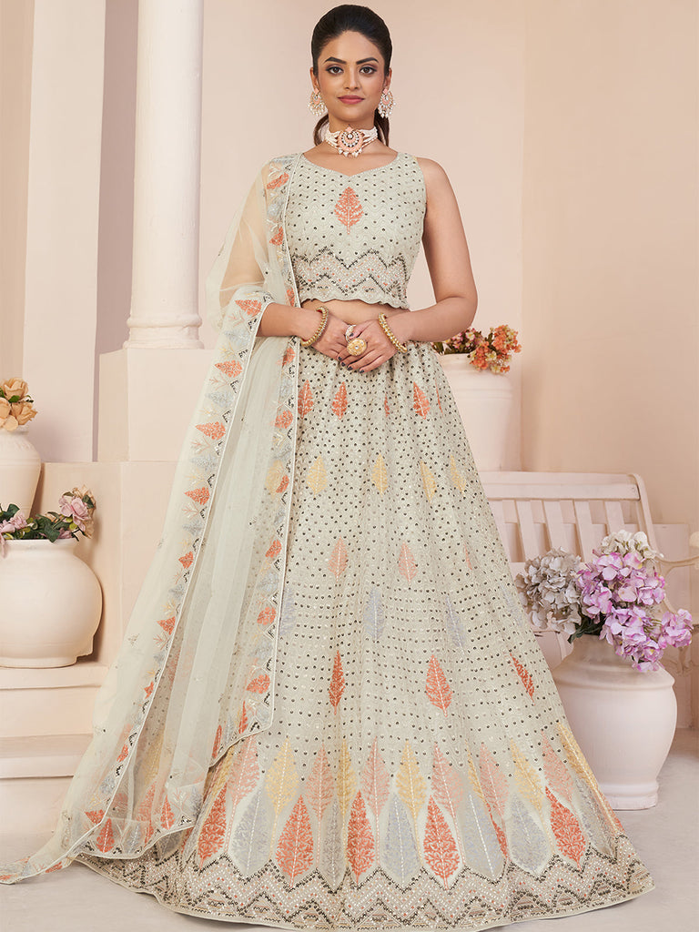 White Net Embroidered Semi stitched Lehenga With Unstitched blouse Clothsvilla