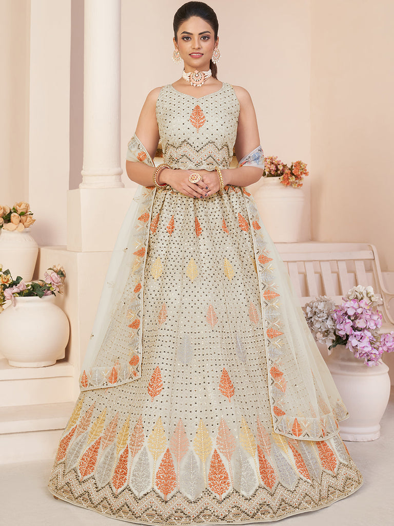 White Net Embroidered Semi stitched Lehenga With Unstitched blouse Clothsvilla