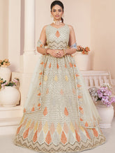 Load image into Gallery viewer, White Net Embroidered Semi stitched Lehenga With Unstitched blouse Clothsvilla