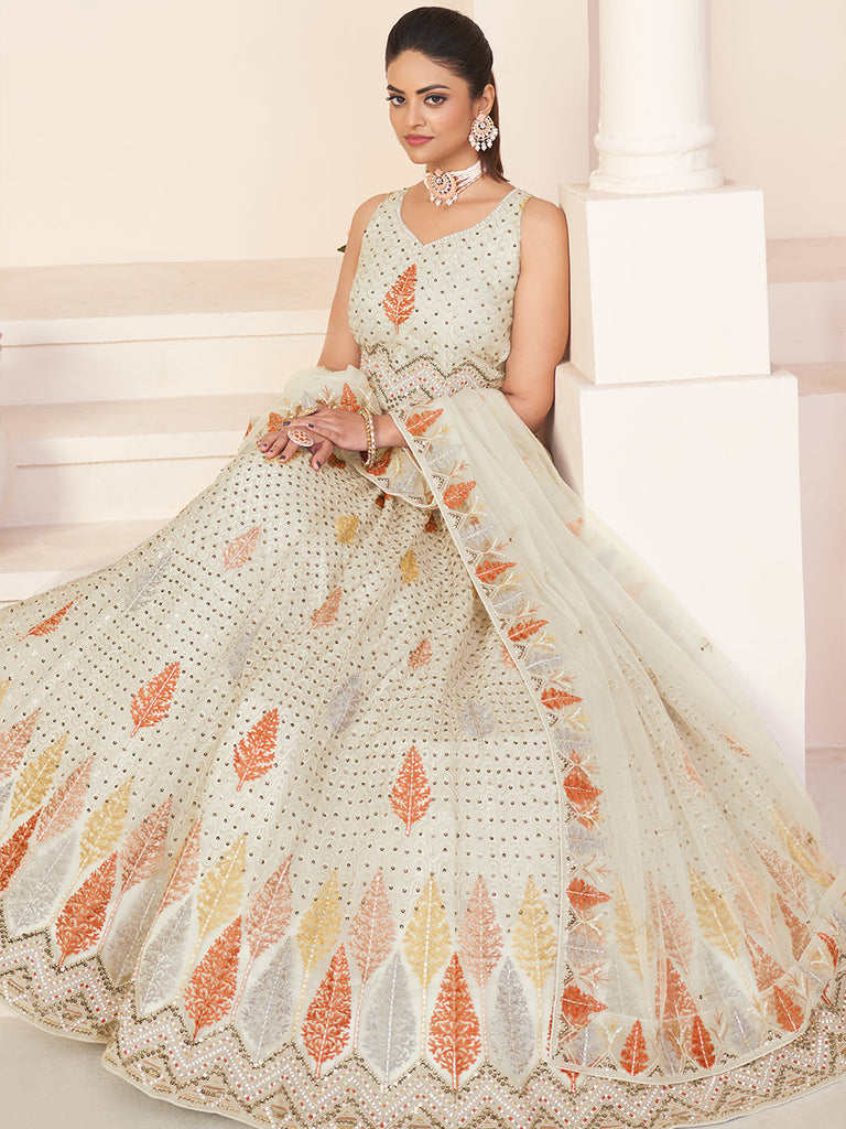 White Net Embroidered Semi stitched Lehenga With Unstitched blouse Clothsvilla