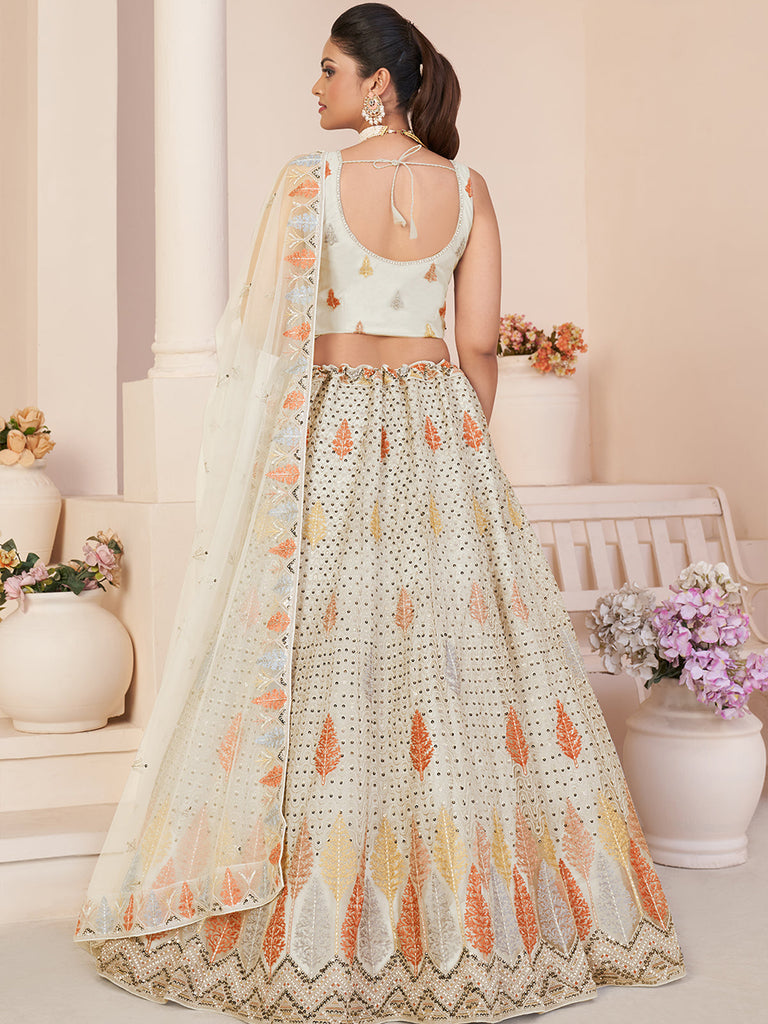 White Net Embroidered Semi stitched Lehenga With Unstitched blouse Clothsvilla