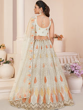 Load image into Gallery viewer, White Net Embroidered Semi stitched Lehenga With Unstitched blouse Clothsvilla