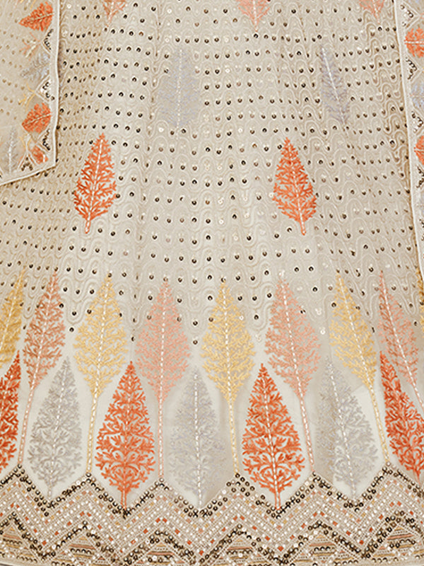 White Net Embroidered Semi stitched Lehenga With Unstitched blouse Clothsvilla