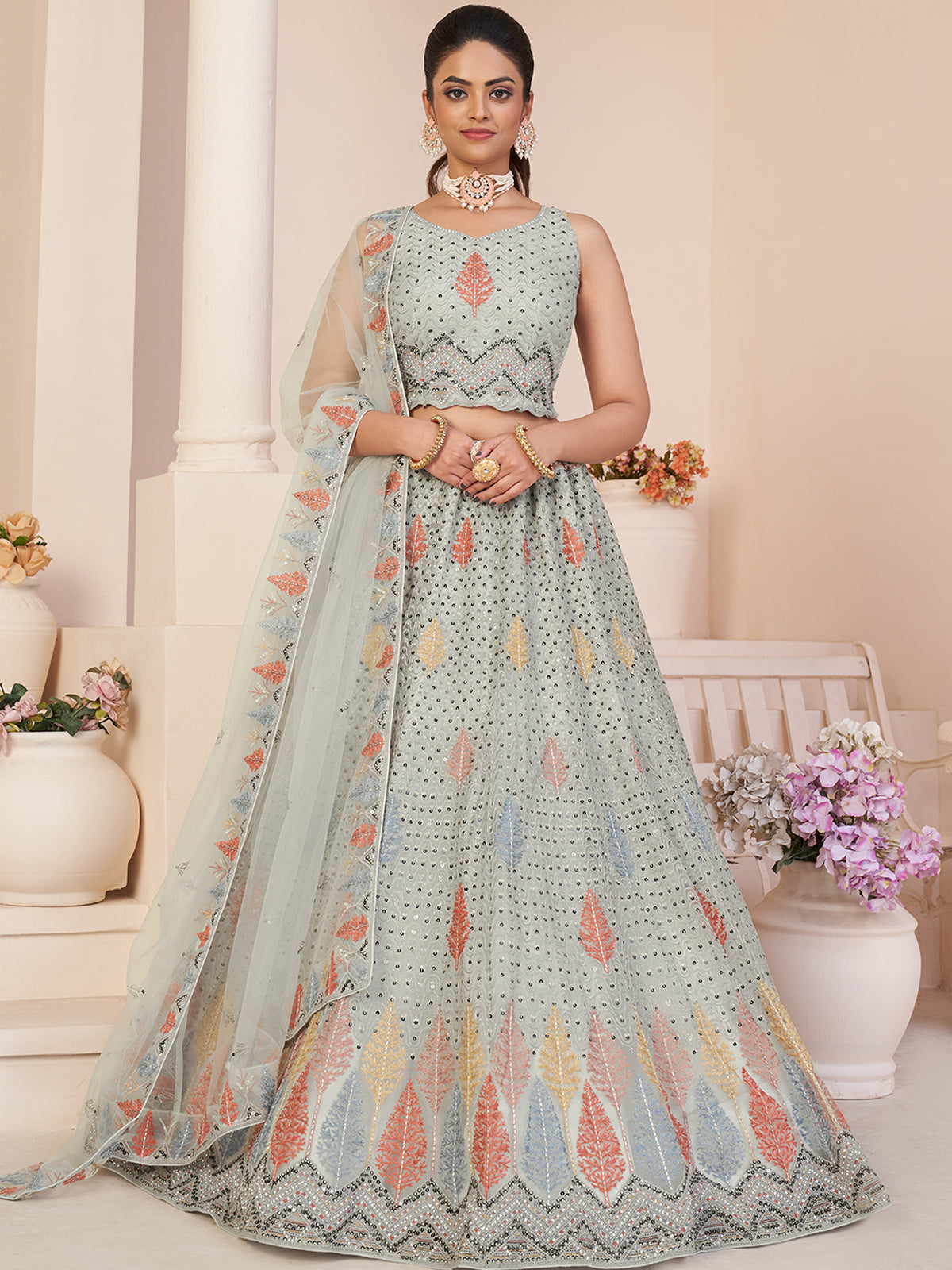 Grey Net Embroidered Semi stitched Lehenga With Unstitched blouse Clothsvilla