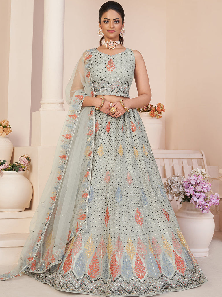 Buy Grey Organza Lehenga And Blouse With Net Dupatta by VARUN CHAKKILAM at  Ogaan Online Shopping Site