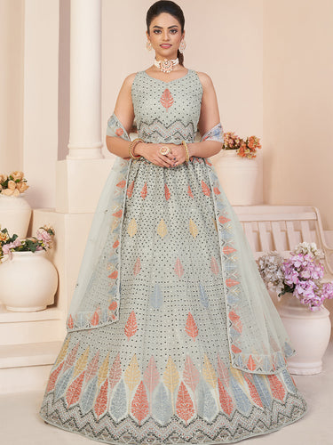 Grey Net Embroidered Semi stitched Lehenga With Unstitched blouse Clothsvilla