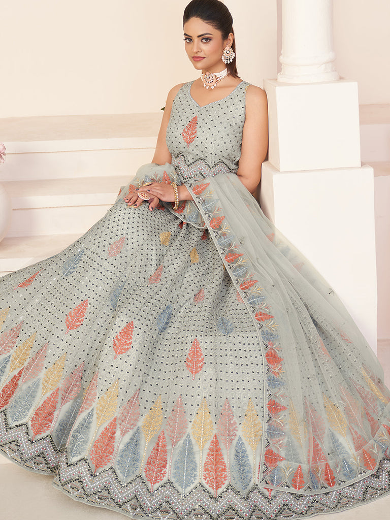 Grey Net Embroidered Semi stitched Lehenga With Unstitched blouse Clothsvilla