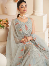 Load image into Gallery viewer, Grey Net Embroidered Semi stitched Lehenga With Unstitched blouse Clothsvilla