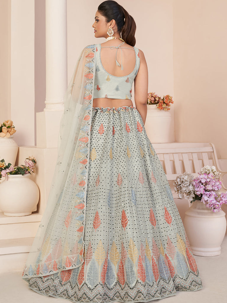 Grey Net Embroidered Semi stitched Lehenga With Unstitched blouse Clothsvilla