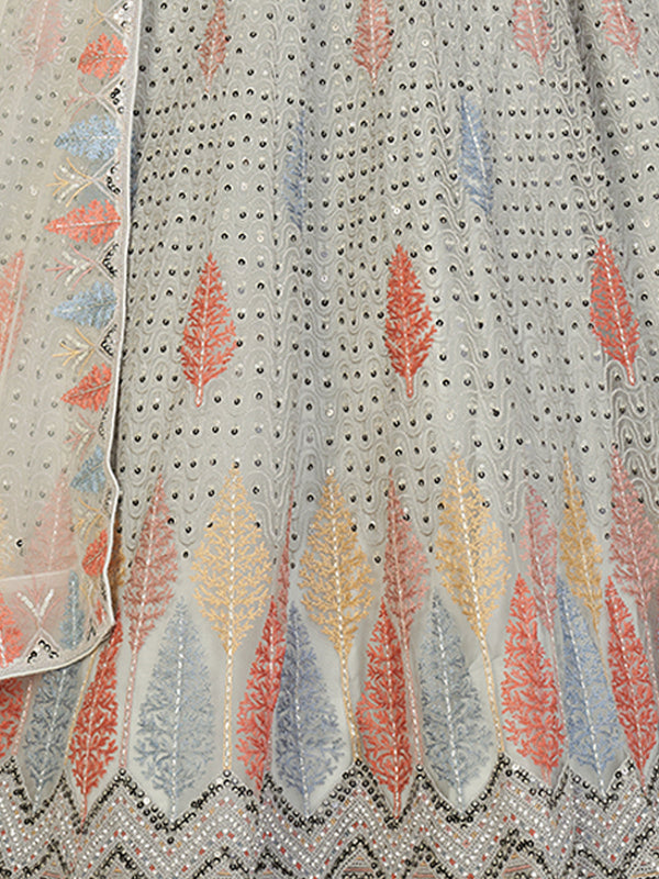 Grey Net Embroidered Semi stitched Lehenga With Unstitched blouse Clothsvilla