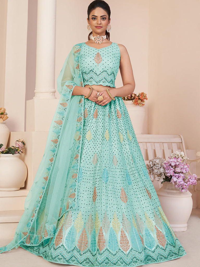 Turquoise Net Embroidered Semi stitched Lehenga With Unstitched blouse Clothsvilla