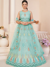 Load image into Gallery viewer, Turquoise Net Embroidered Semi stitched Lehenga With Unstitched blouse Clothsvilla