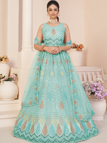 Turquoise Net Embroidered Semi stitched Lehenga With Unstitched blouse Clothsvilla