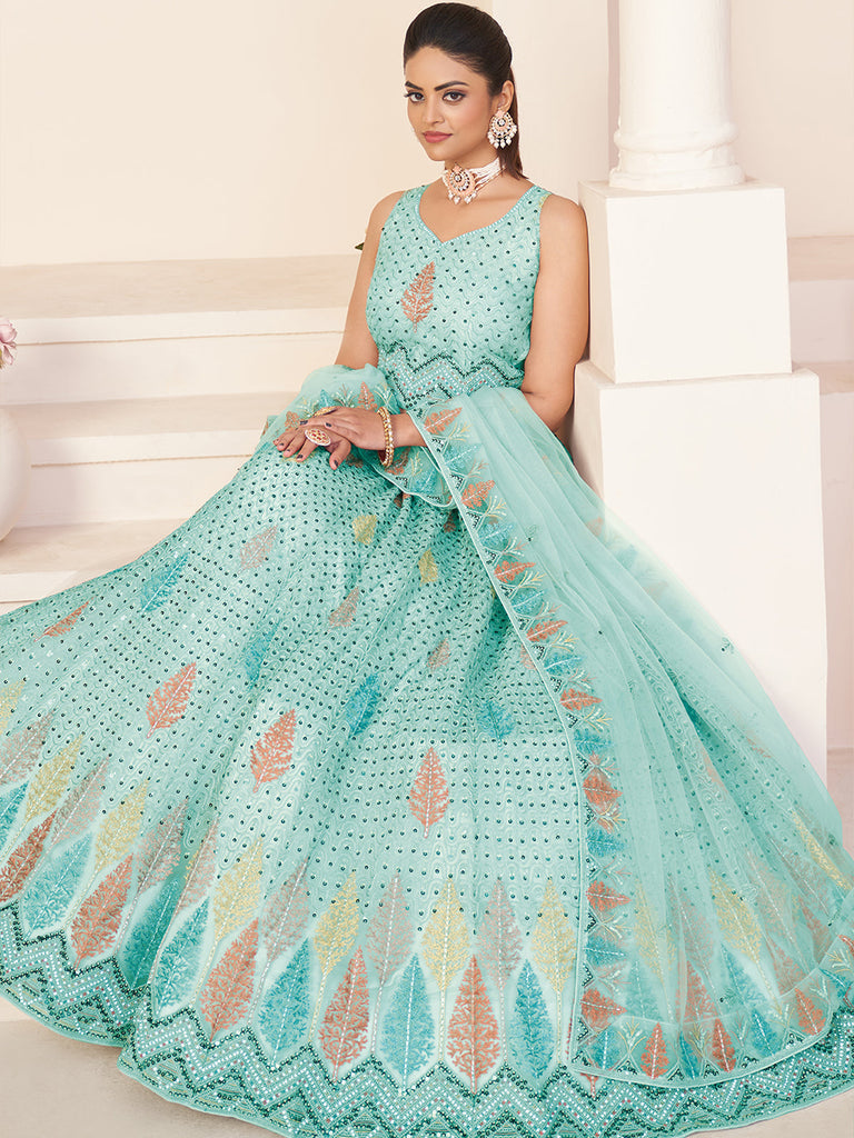 Turquoise Net Embroidered Semi stitched Lehenga With Unstitched blouse Clothsvilla