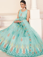 Load image into Gallery viewer, Turquoise Net Embroidered Semi stitched Lehenga With Unstitched blouse Clothsvilla