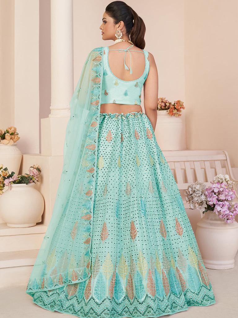 Turquoise Net Embroidered Semi stitched Lehenga With Unstitched blouse Clothsvilla