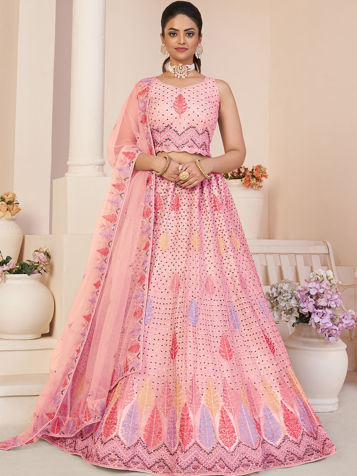 Pink Net Embroidered Semi stitched Lehenga With Unstitched blouse Clothsvilla Main image