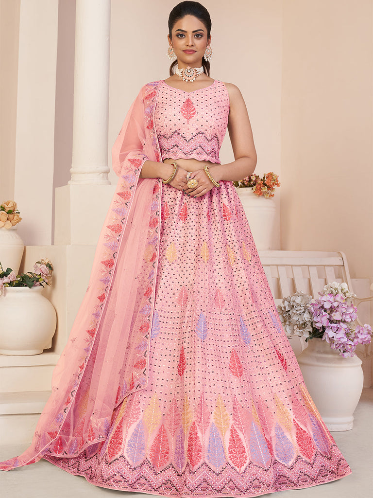 Pink Net Embroidered Semi stitched Lehenga With Unstitched blouse Clothsvilla