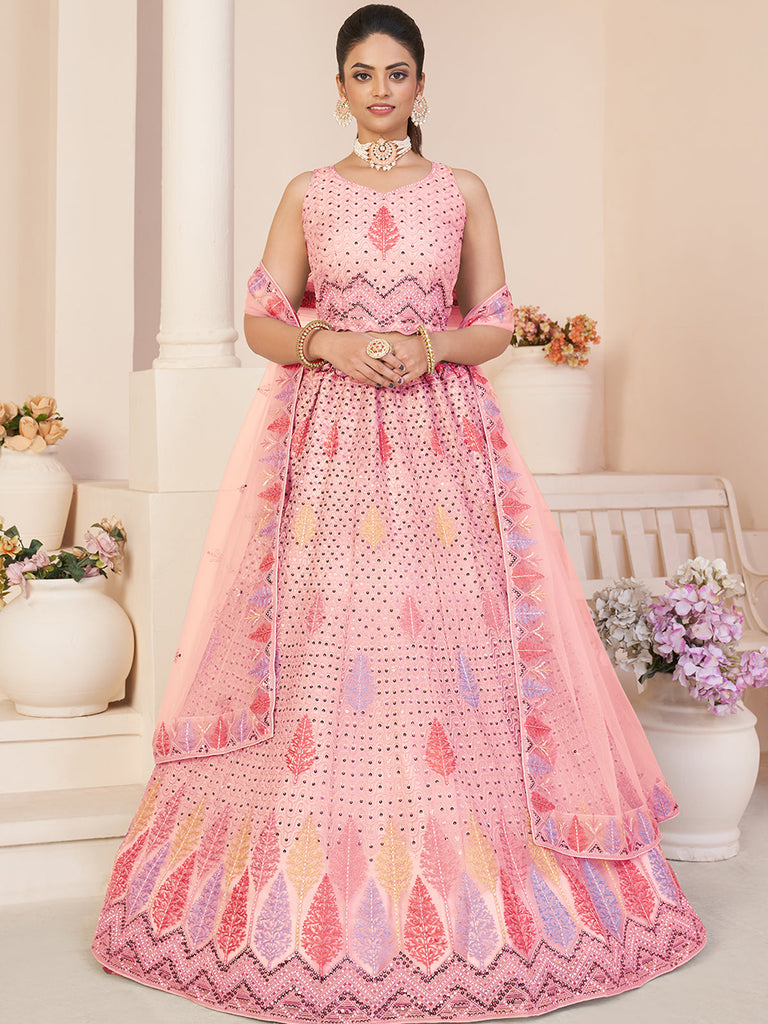 Pink Net Embroidered Semi stitched Lehenga With Unstitched blouse Clothsvilla