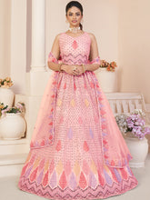 Load image into Gallery viewer, Pink Net Embroidered Semi stitched Lehenga With Unstitched blouse Clothsvilla