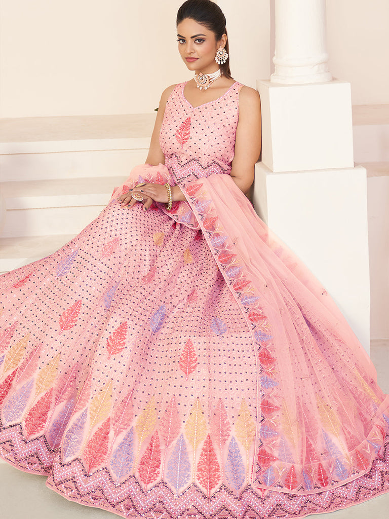 Pink Net Embroidered Semi stitched Lehenga With Unstitched blouse Clothsvilla