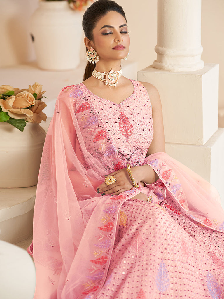 Pink Net Embroidered Semi stitched Lehenga With Unstitched blouse Clothsvilla