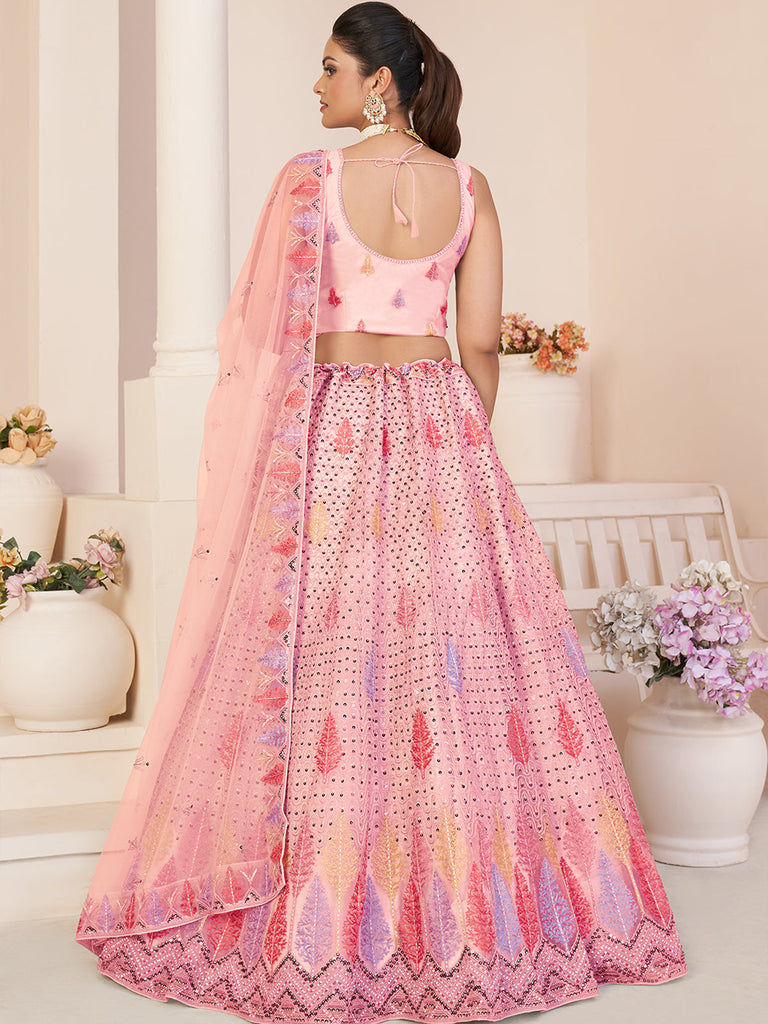 Pink Net Embroidered Semi stitched Lehenga With Unstitched blouse Clothsvilla