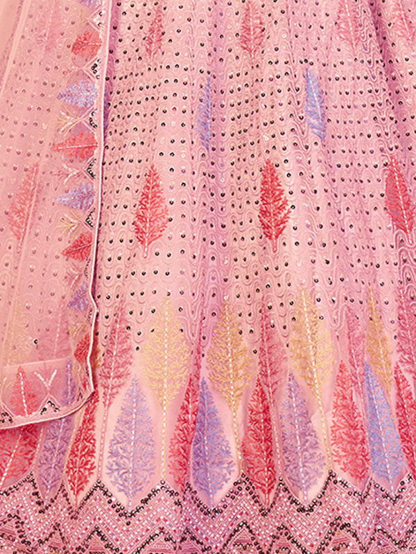 Pink Net Embroidered Semi stitched Lehenga With Unstitched blouse Clothsvilla