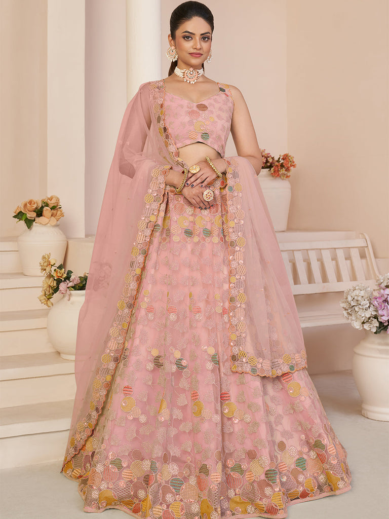 Pink Net Embroidered Semi stitched Lehenga With Unstitched blouse Clothsvilla