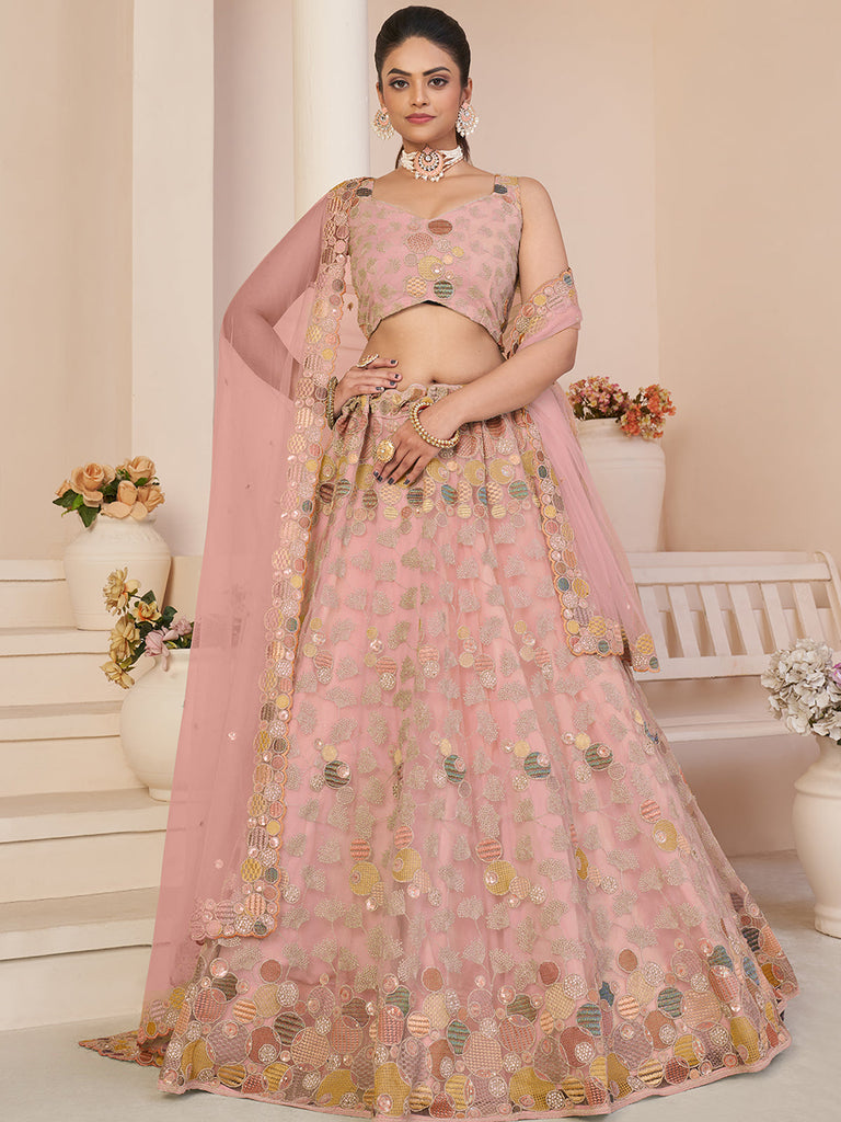 Pink Net Embroidered Semi stitched Lehenga With Unstitched blouse Clothsvilla