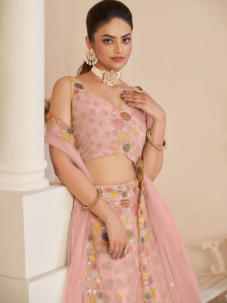 Pink Net Embroidered Semi stitched Lehenga With Unstitched blouse Clothsvilla