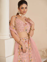 Load image into Gallery viewer, Pink Net Embroidered Semi stitched Lehenga With Unstitched blouse Clothsvilla