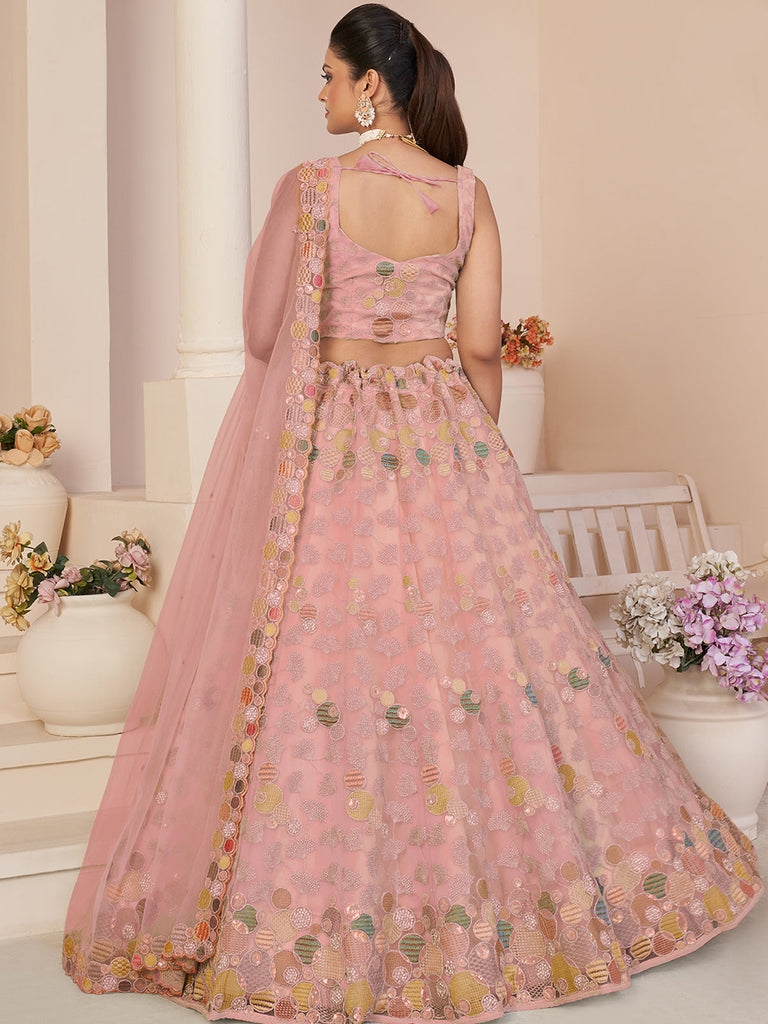 Pink Net Embroidered Semi stitched Lehenga With Unstitched blouse Clothsvilla