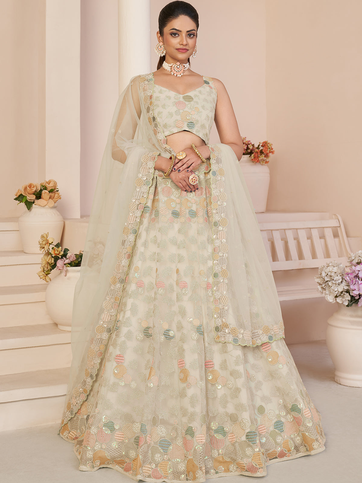 Cream Net Embroidered Semi stitched Lehenga With Unstitched blouse Clothsvilla