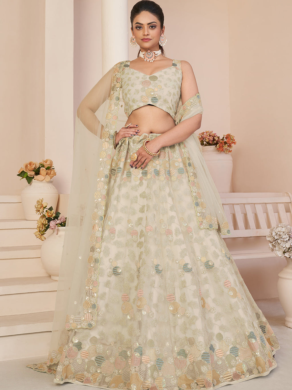 Cream Net Embroidered Semi stitched Lehenga With Unstitched blouse Clothsvilla