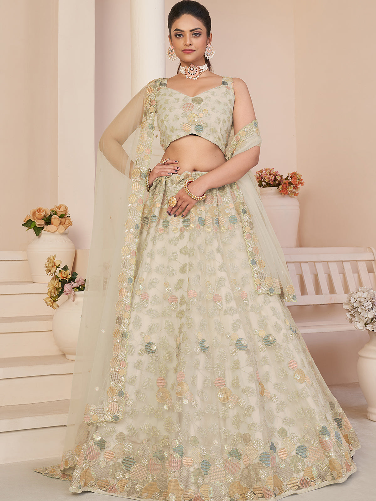 Cream Net Embroidered Semi stitched Lehenga With Unstitched blouse Clothsvilla
