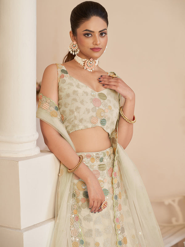 Cream Net Embroidered Semi stitched Lehenga With Unstitched blouse Clothsvilla