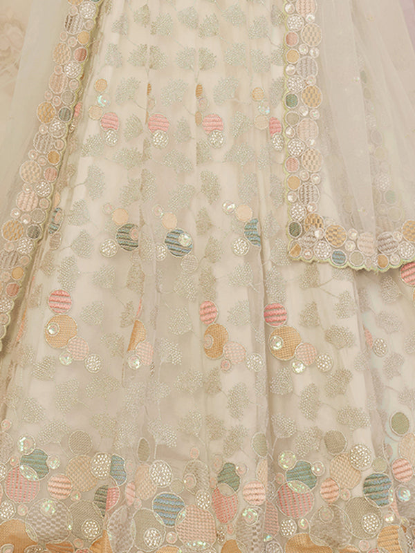 Cream Net Embroidered Semi stitched Lehenga With Unstitched blouse Clothsvilla