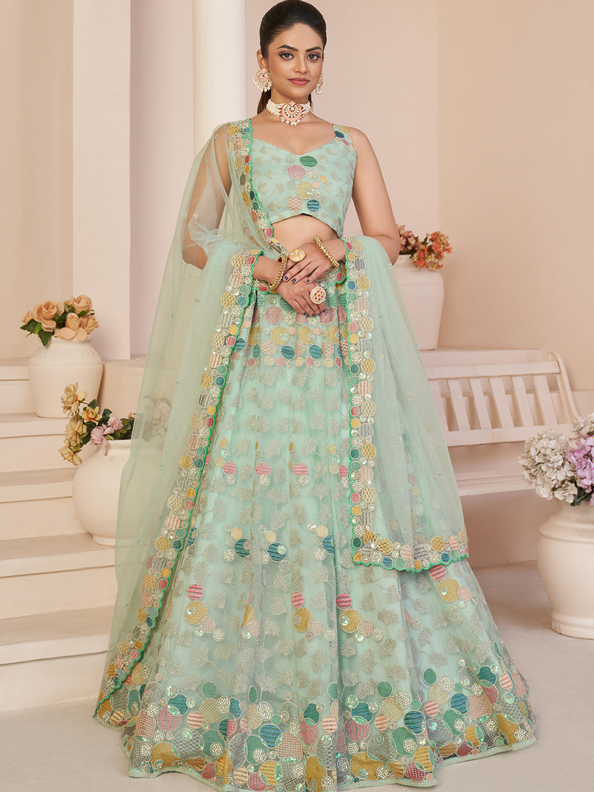 Turquoise Net Embroidered Semi stitched Lehenga With Unstitched blouse Clothsvilla Main image