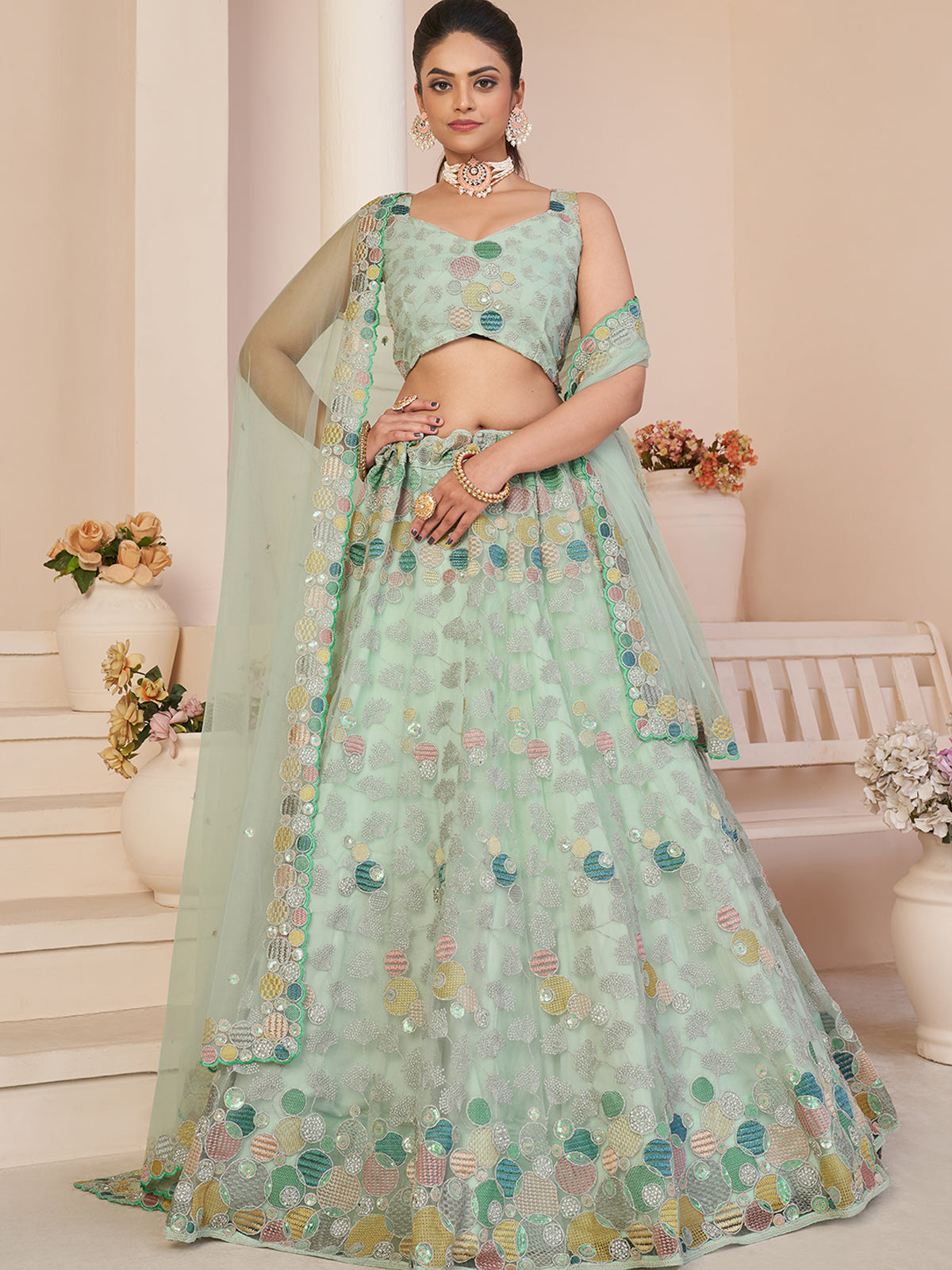 Turquoise Net Embroidered Semi stitched Lehenga With Unstitched blouse Clothsvilla