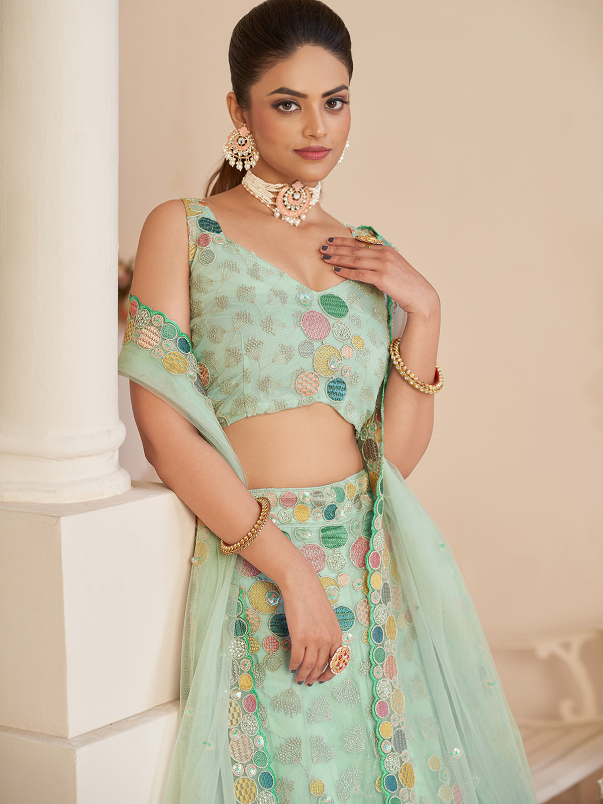 Turquoise Net Embroidered Semi stitched Lehenga With Unstitched blouse Clothsvilla