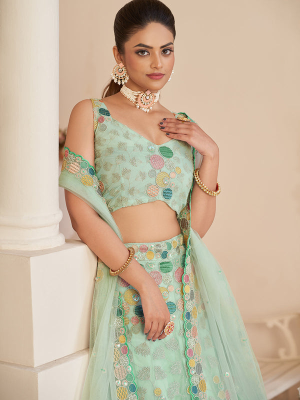 Turquoise Net Embroidered Semi stitched Lehenga With Unstitched blouse Clothsvilla