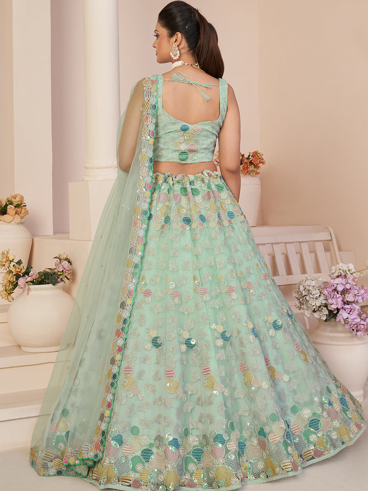 Turquoise Net Embroidered Semi stitched Lehenga With Unstitched blouse Clothsvilla
